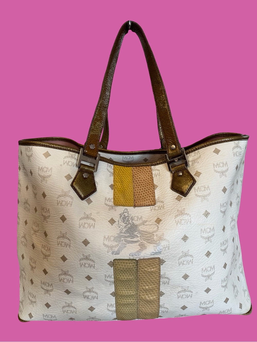 Authentic MCM White Monogram Tote with Brown Handles and Yellow-Tan Accents